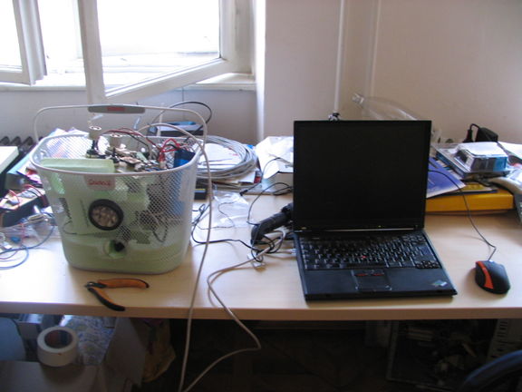 A typical desk at Ljudmila - Ljubljana Digital Media Lab, a well equipped digital research lab in Ljubljana with an open culture of innovation and collaboration. A Frida project has been developed 2004–2010 by Luka Frelih.