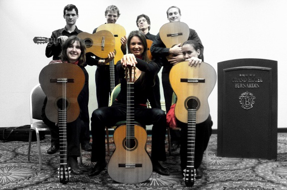 Ljudmil Rus Guitar Orchestra group portrait after a performance in Portorož at the Grand Hotel Bernadin, 2010