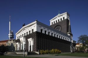 A monumental Church of the Most Sacred Heart of Our Lord, a unique modern church architecture was designed by Slovene architect <!--LINK'" 0:16--> for the Vinohrady district of Prague 1929&ndash;1932.