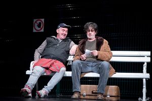 Actors Matej Čujovič and Bojan Trampuš in Janusz Głowacki's play <i>Antigone</i>. Directed by <!--LINK'" 0:910--> and produced by <!--LINK'" 0:911-->, the play was awarded the Matiček award for the best overall performance at the <!--LINK'" 0:912--> in 2021. Author: Matej Maček