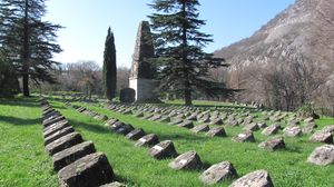 A World War I cemetery on the bank of the Soča river. One passes it on the lower part of the <!--LINK'" 0:102-->.