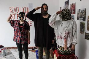 Revolt Social Workers's opening performance of the exhibition I Spit on Revolution!, Križišče Gallery, 2018; at <!--LINK'" 0:242-->.