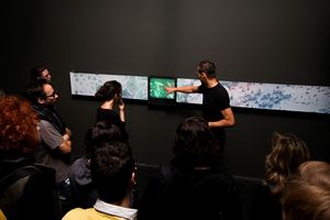 <!--LINK'" 0:825--> presenting their interactive installation project <i>Modux 3.4</i> at <i>Ars Electronica</i>, Linz, 2008