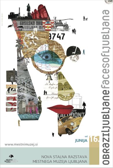 Poster for the new permanent exhibition Faces of Ljubljana - Obrazi Ljubljane in the City Museum of Ljubljana by Poper Studio, 2007