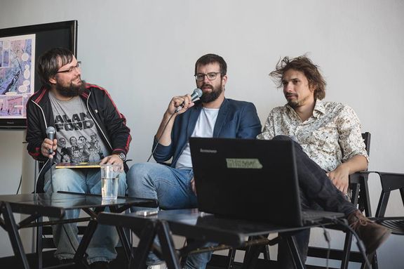 Editor Aljoša Harlamov in conversation with screenplay writers Nejc Juren and Izar Lunaček at Tinta Festival, 2017.