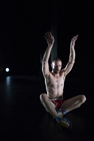 Sebastjan Starič in a devised performance entitled Razor: a duet for a performer and his character at Glej Theatre, 2015.