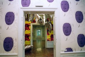 Installation of Andy Warhol's <i>Mao</i> wallpaper (1972) and <i>Silver Clouds</i>, in <i>Fundamina</i>, Zoran Mušič, Andy Warhol, and Mimmo Paladino, 24th <!--LINK'" 0:216-->, <!--LINK'" 0:217-->, 2001.