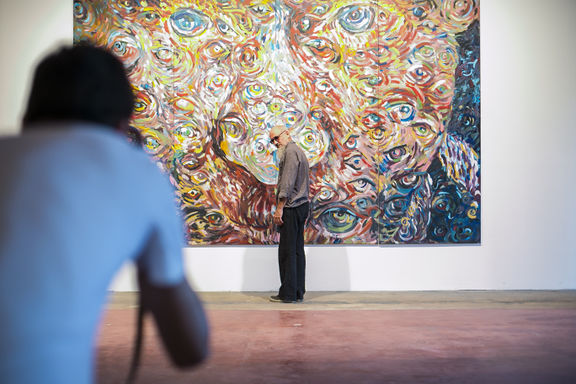 Artist Oleg Kulik at the opening of his exhibition entitled Golden Fleece, KIBLA Portal, 2019.