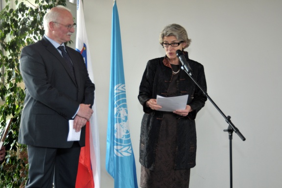 Presentation of the World Book Capital Ljubljana 2010, presentation at UNESCO in Paris. Irina Bokova, UNESCO Secretary General, and Dr Janez Šumrada, Slovenian representative at UNESCO.