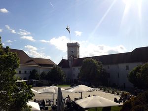 <!--LINK'" 0:221--> courtyard, venue for performing arts events, exhibition projects and film screenings i.e. <!--LINK'" 0:222-->'s Film under the Stars during the summertime. Viewing tower in the background, 2012