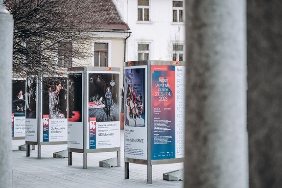 Photos of the exhibition of posters in front of Prešeren Theatre Kranj, featuring productions of the 53rd Week of Slovenian Drama. Photo: Maša Pirc