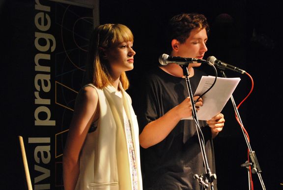 Youngsters read the Pranger poets' work at the Klub Menza pri koritu, Pranger Festival 2015