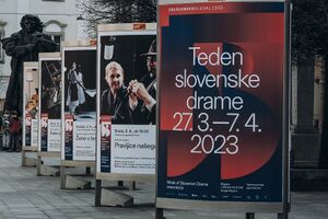 Photos of the exhibition of posters in front of <!--LINK'" 0:24-->, featuring productions of the 53rd <!--LINK'" 0:25-->. Photo: Maša Pirc
