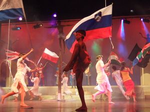 Dancers of the <!--LINK'" 0:199--> (in white) at the opening ceremony of the <i>International Children Festival of Performing Arts</i> in New Delhi, India, 2006