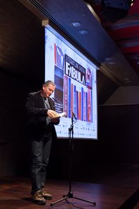 Georgi Gospodinov, a Bulgarian poet, writer, and playwright, was a guest at the <!--LINK'" 0:708--> in 2015. His novel <i>The Physics of Sorrow</i>, which was awarded the Bulgarian Novel of the Year prize was translated into Slovenian in 2015.