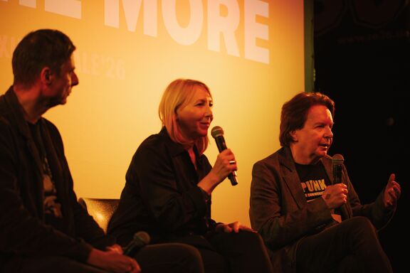 Film producer Zoran Dževardanović, director Andrej Košak and the Head of SKICA Berlin, Saša Šavel Burkart, in conversation at the 2026 festival Doxumentale in Berlin. Photo: Dovile Sermokas