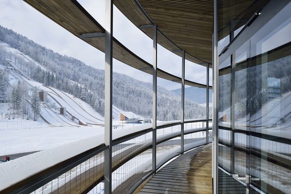 The central building of the Nordic Centre Planica with the flying hills in the background, 2016