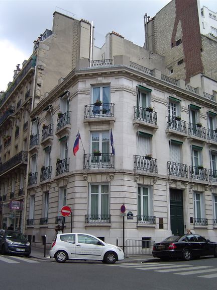 The Embassy of the Republic of Slovenia in Paris, located in the 16th arrondissement (Passy) that stretches south-west from the Arc the Triomphe to the Bois de Boulogne, Paris.