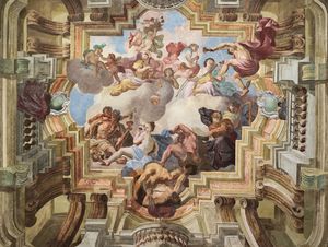 The baroque trompe-l'œil fresque above staircase in the <!--LINK'" 0:76-->