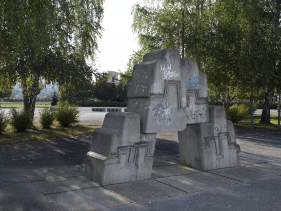 Dragica Čadež Lapajne's sculpture in concrete, part of the Forma Viva Open Air Sculpture Collection, Maribor, 1973