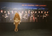 Taja Vidmar Brejc director of Equrna Gallery in front of Marko Peljhan's System 7 (1998) at Art Forum Berlin