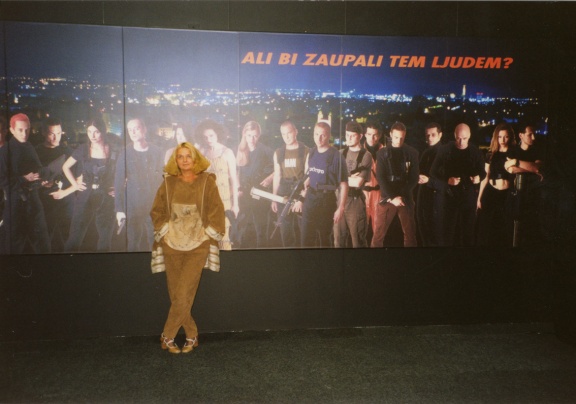 Taja Vidmar Brejc director of Equrna Gallery in front of Marko Peljhan's System 7 (1998) at Art Forum Berlin