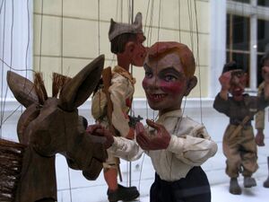 <i>Jurček and Three Thieves</i> by Alenka Gerlovič, an example of the partisan puppet theatre, presented at the <i>100 Years of the Slovenian Puppetry Art</i> exhibition, <!--LINK'" 0:98-->, 2014.