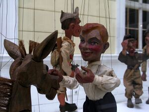 <i>Jurček and Three Thieves</i> by Alenka Gerlovič, an example of the partisan puppet theatre, presented at the <i>100 Years of the Slovenian Puppetry Art</i> exhibition, <!--LINK'" 0:262-->, 2014.