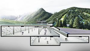A render of the underground hall (summertime) in the Nordic Centre Planica complex. <!--LINK'" 0:445-->, 2015.
