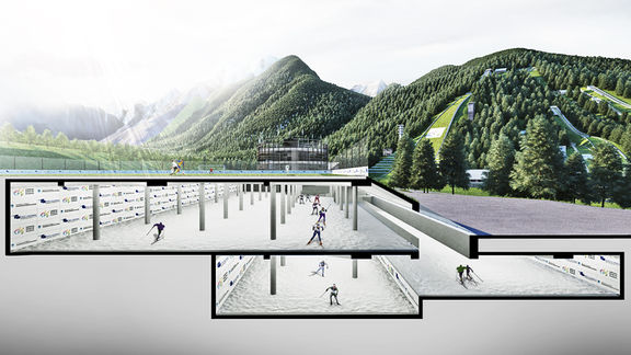 A render of the underground hall (summertime) in the Nordic Centre Planica complex. STVAR architects, 2015.