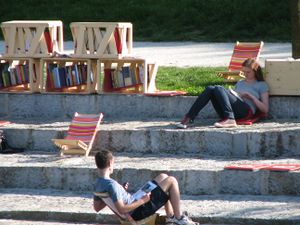 One of several pleasantly shady open air reading spots created for <i>The Library Under the Trees</i> project, <!--LINK'" 0:312-->, 2010