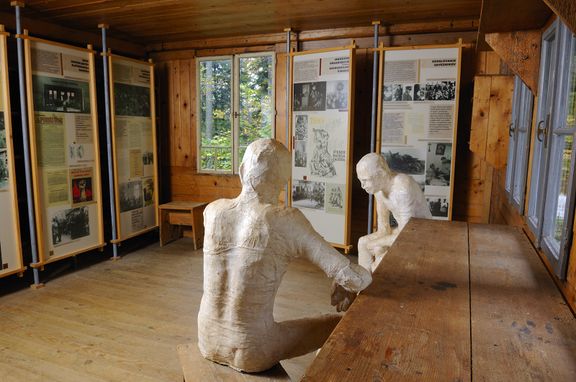 Exhibition in the propaganda workers’ hut was set up to mark the fiftieth anniversary of the end of the Second World War, Baza 20 Memorial Site, Kočevski Rog