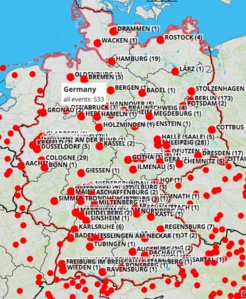 Online version (printscreen) of interactive <!--LINK'" 0:9-->, featuring events in Germany. Collected 2010&ndash;2018 by <!--LINK'" 0:10--> for the <!--LINK'" 0:11--> database of events worldwide.