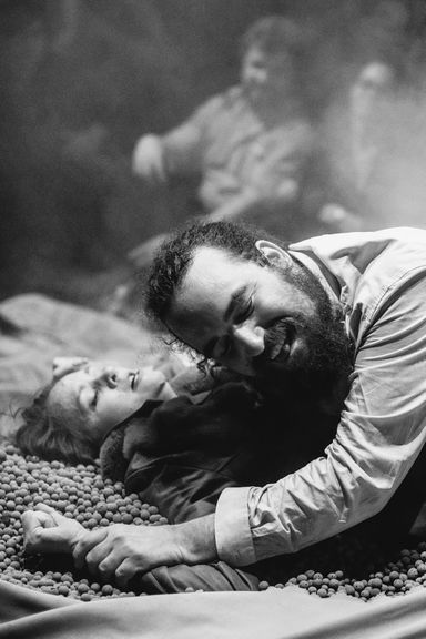 Katarina Stegnar and Jure Novak in a devised performance entitled Katarina on Demand at Glej Theatre, 2014.