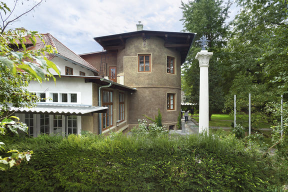 The architect Jože Plečnik moved to a single-storey house at Karunova Street 4 in Ljubljana's Trnovo district in 1921, and extended it with a cylindrical tower in 1924. Plečnik House exterior, renovated in 2015. Photo by Andrej Peunik/Museum and Galleries of ljubljana