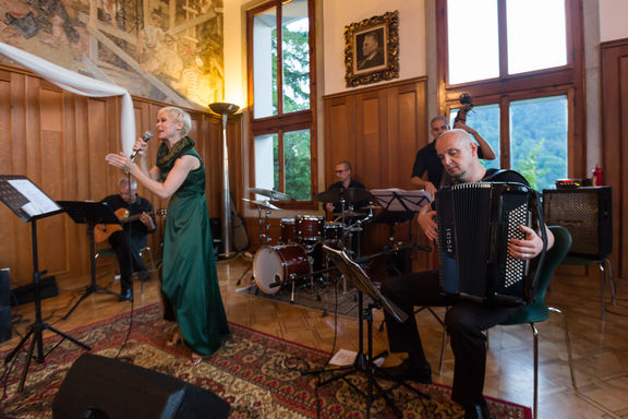 Playing at the Cafe Belvedere, the group Oriyon presented their take on classical French chanson at Cafe Belvedere, one of the Bled Festival venues, 2016