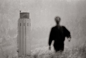 Still from the film <i>Vertigo Bird</i> by <!--LINK'" 0:3-->, with <!--LINK'" 0:4--> atop the chimney and <!--LINK'" 0:5--> in the foreground.