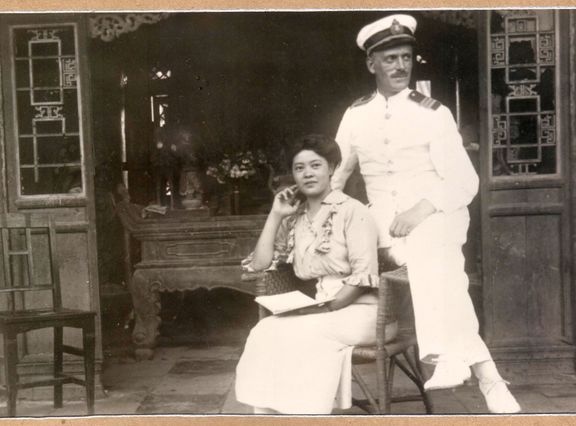 Ivan Skušek and his wife to be Tsuneko Kondō Kawase in Beijing, between 1918–1920. (The photo is kept in the library of the Slovene Ethnographic Museum, the original is kept by Skušek's great-nephew Janez Lombergar.)