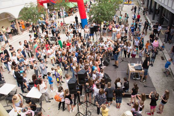 Maribor Public Library Day, view of the stage on Rotovž Square in the city center of Maribor, 2018.