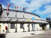 Entrance into the Railway Museum of Slovenske železnice, adorned with various railroad traffic signs, 2007