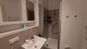 The shower in the bathroom of the Slovene Arts & Culture Residency, Berlin, 2022