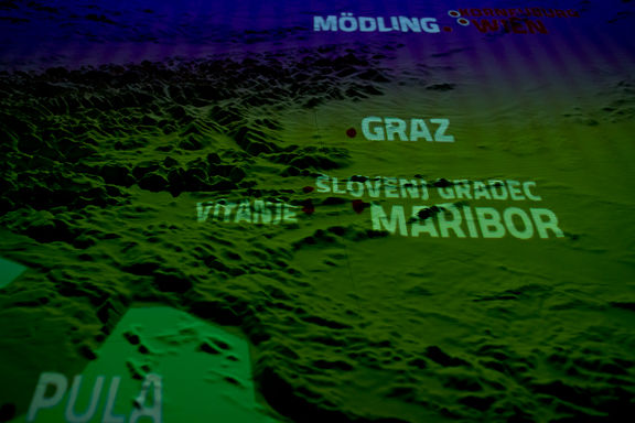 Herman Potočnik's biographic map, part of the permanent exhibition entitled Herman Potočnik Noordung: 100 Monumental Influences, Vitanje, 2012