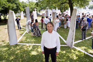 Artist <!--LINK'" 0:26--> at <i>Hologram of Europe</i>, a geopuncture stone circle in Ljubljana