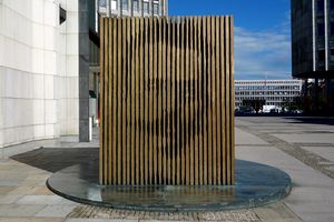 A monument to <!--LINK'" 0:193--> by Slavko Tihec on the main platform in front of the <!--LINK'" 0:194-->, 2013