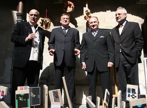 <!--LINK'" 0:373-->, Ljubljana Mayor (second from left) at the opening of graphic design exhibition <i>Najboljše iz Vojvodine</i> ('The best from Vojvodina') at the Atrium of the <!--LINK'" 0:374--> (Ljubljana Town Hall), 2008