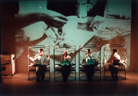 Paracelsus and Frankenstein performance by Barbara Novakovič Kolenc, Muzeum Institute at Cankarjev dom 1999 (From left: Barbara Novakovič Kolenc, Mateja Rebolj, Sanja Nešković Peršin, Petra Govc)