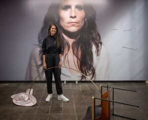 The artist Maja Babič Košir at the exhibition "Dear Father" at the HAUNT Centre for Art and Ecology, Berlin, 2026. Photo: Regina Sablotny