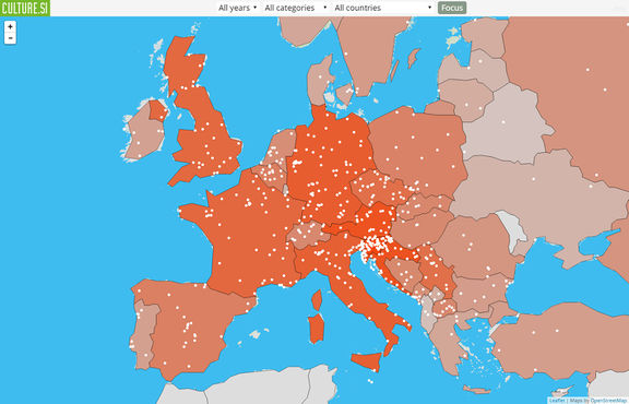 Online version (printscreen) of interactive Culture from Slovenia World Map, featuring events collected 2010-2014, Europe.