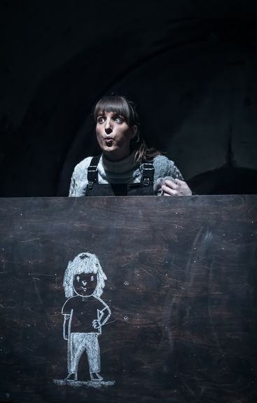 The staging of Nekje drugje (Somewhee else), a 'puppet' play by Tim Grabnar and starring Asja Kahrimanović Babnik, depicting the horrors of war through children's eyes, 2016