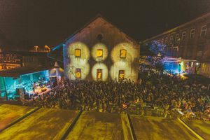 The courtyard of the Tobačna Cultural Quarter, as seen during <!--LINK'" 0:426-->, 2015
